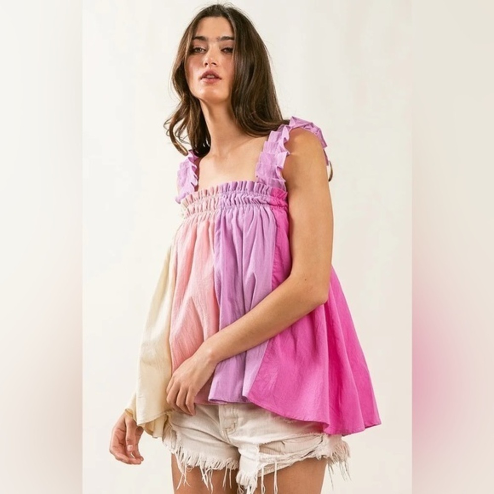 BiBi Frill Shoulder Strap Color Block Bodice Top